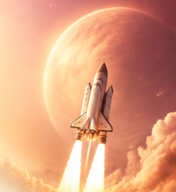 Rocket launching toward a glowing planet